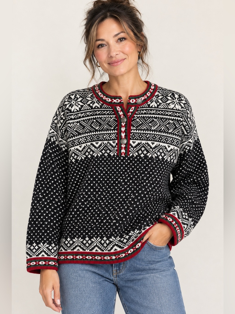 L.L. Bean Vintage Cotton Fair Isle Snowflake Henley Sweater - Women's Large